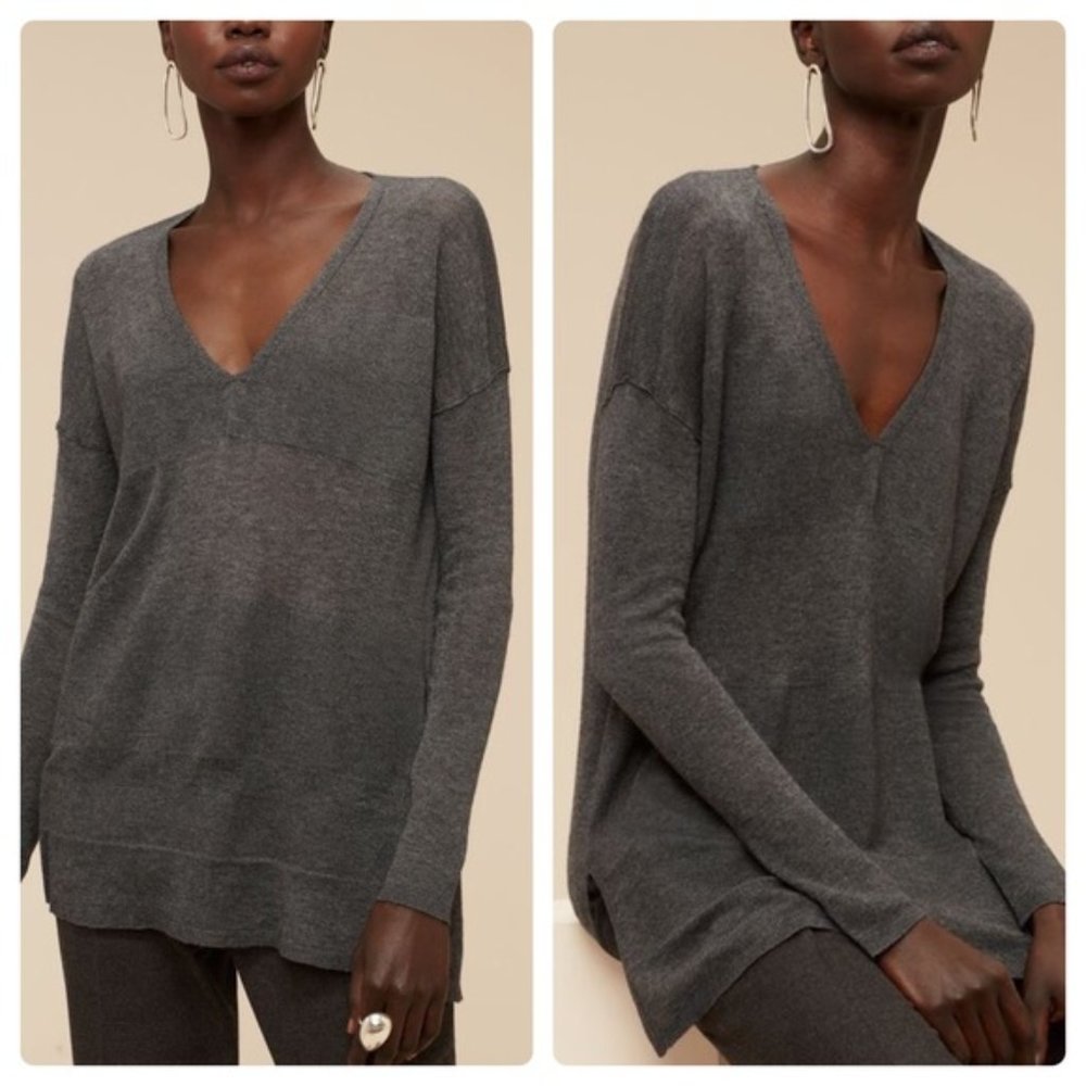 Aritzia Babaton Erin V-neck Linen-Wool Blend Gray Sweater